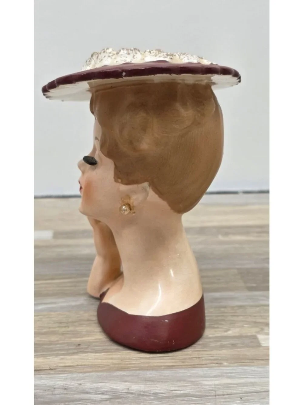 Vintage MCM Ceramic Napcoware Lady Head Figural Vase Planter Maroon 1958 C3343B